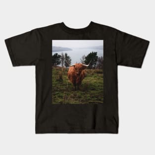 Moody Photograph of Highlands cattle with fjord in the back Kids T-Shirt